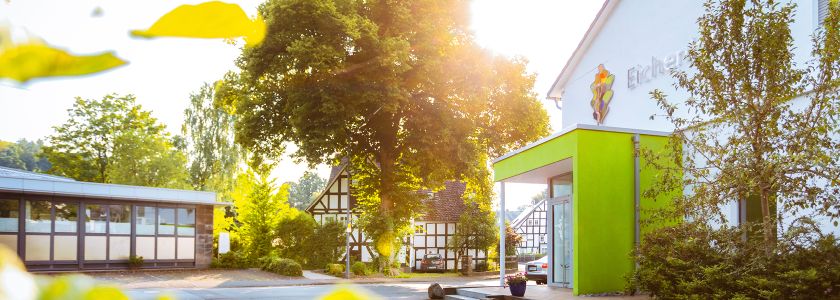 Auf der linken Seite des Bildes ist der grüne Eingangsbereich der Eichenklinik zu sehen. Im Fokus ist ein großer Eichenbaum so wie die Umgebung um die Praxis.